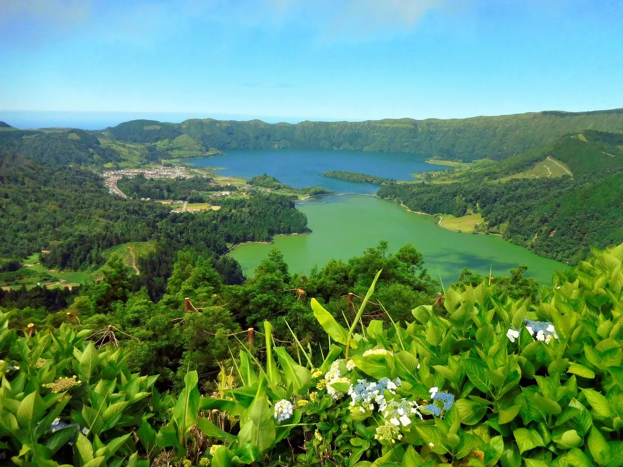 Uitzicht over de groene krater van Sete Cidades met blauw en groen meer, hortensia's op de voorgrond