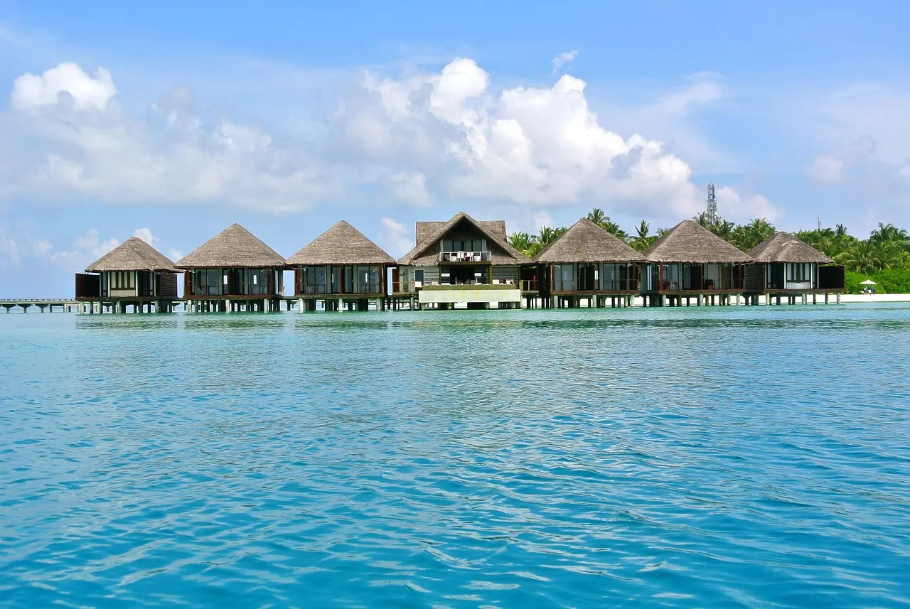 Rij overwaterbungalows met rieten daken boven turquoise water op de Malediven
