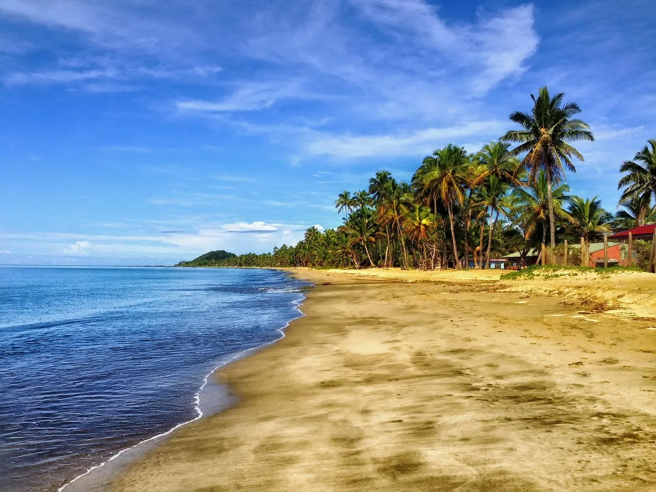 Zandstrand met wuivende palmbomen en helderblauwe zee onder een zonnige lucht in Fiji