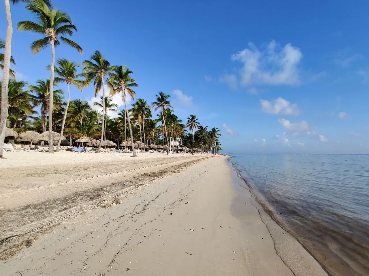 Breed wit zandstrand met hoge palmbomen, rieten parasols en kalme zee onder een blauwe lucht