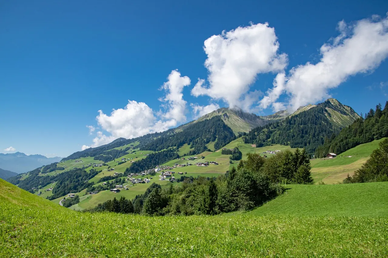 Groene alpenweiden met verspreide boerderijen en een dorpje onder beboste bergtoppen en blauwe lucht