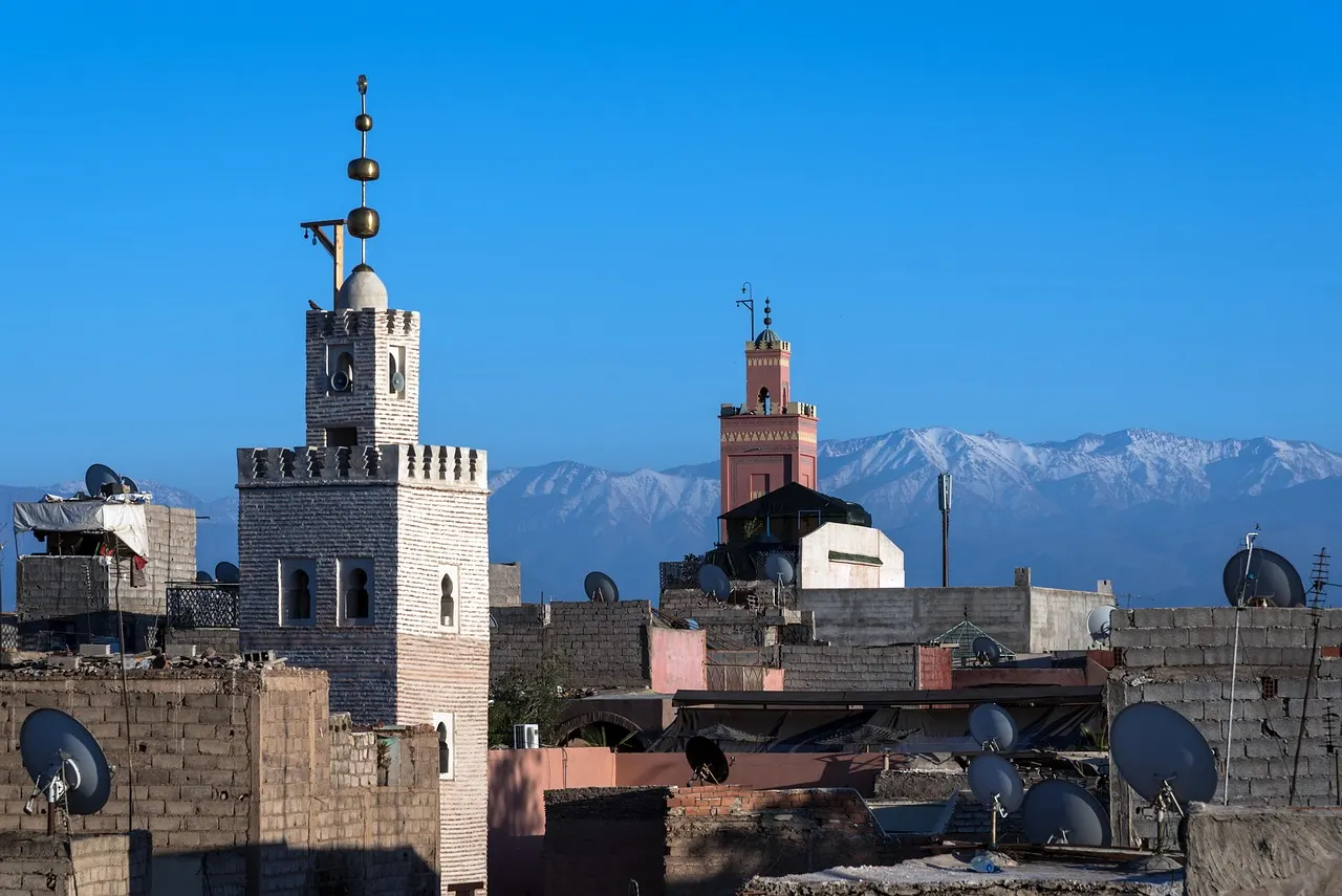 Minaretten boven de daken van de medina van Marrakech met het besneeuwde Atlasgebergte op de achtergrond