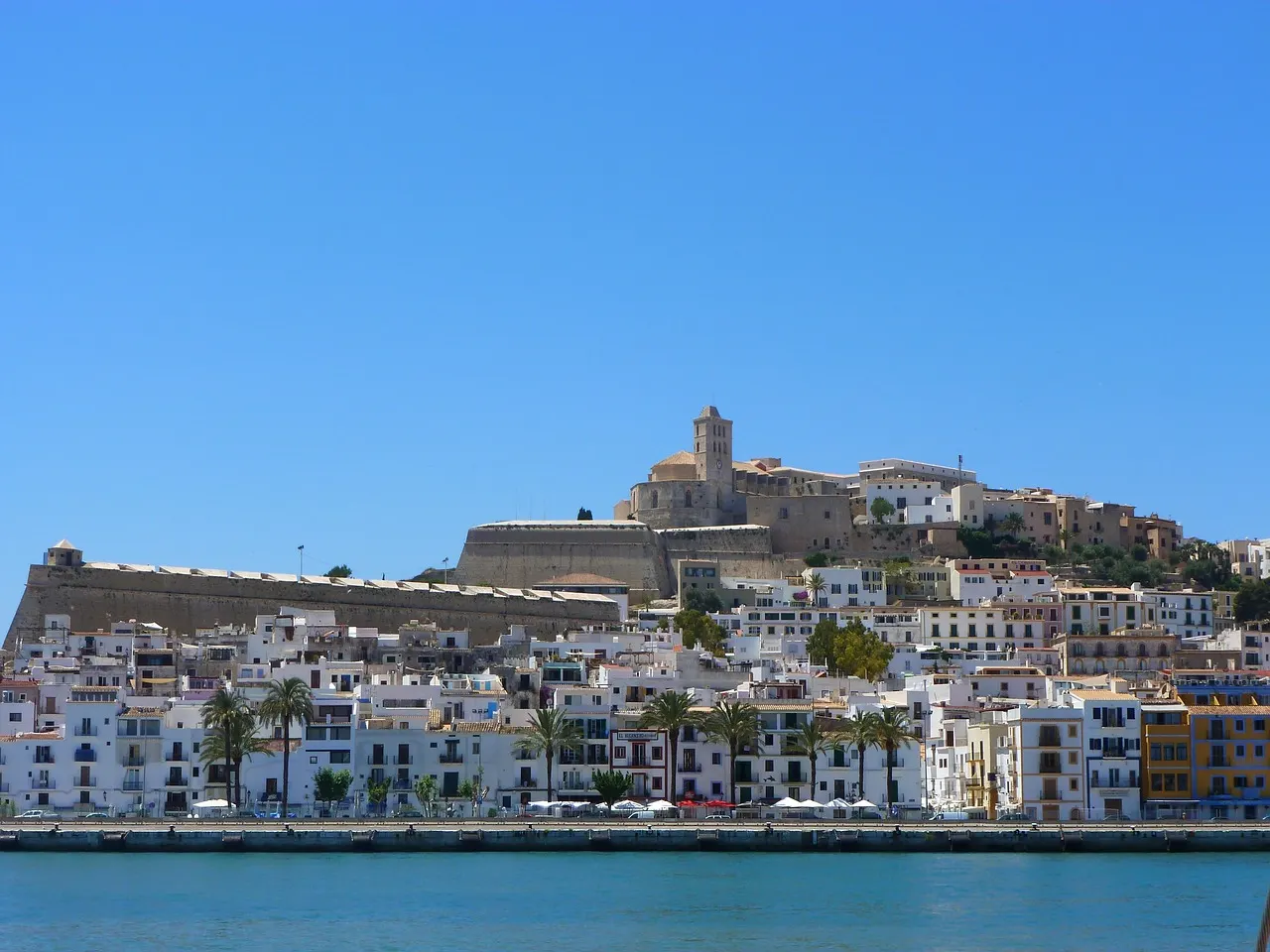 Witte huizen en stadsmuren van Dalt Vila met de kathedraal op de heuvel boven de haven van Ibiza-stad