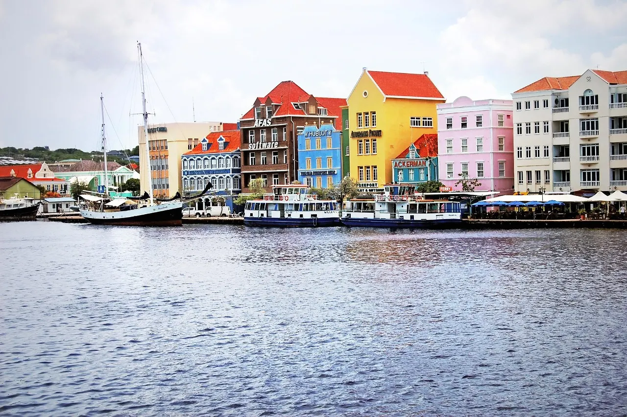 Kleurrijke koloniale gevels van de Handelskade in Willemstad, gezien over het water met boten aan de kade