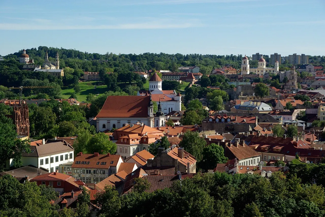 Uitzicht over de rode daken en kerktorens van de oude stad van Vilnius onder een blauwe lucht