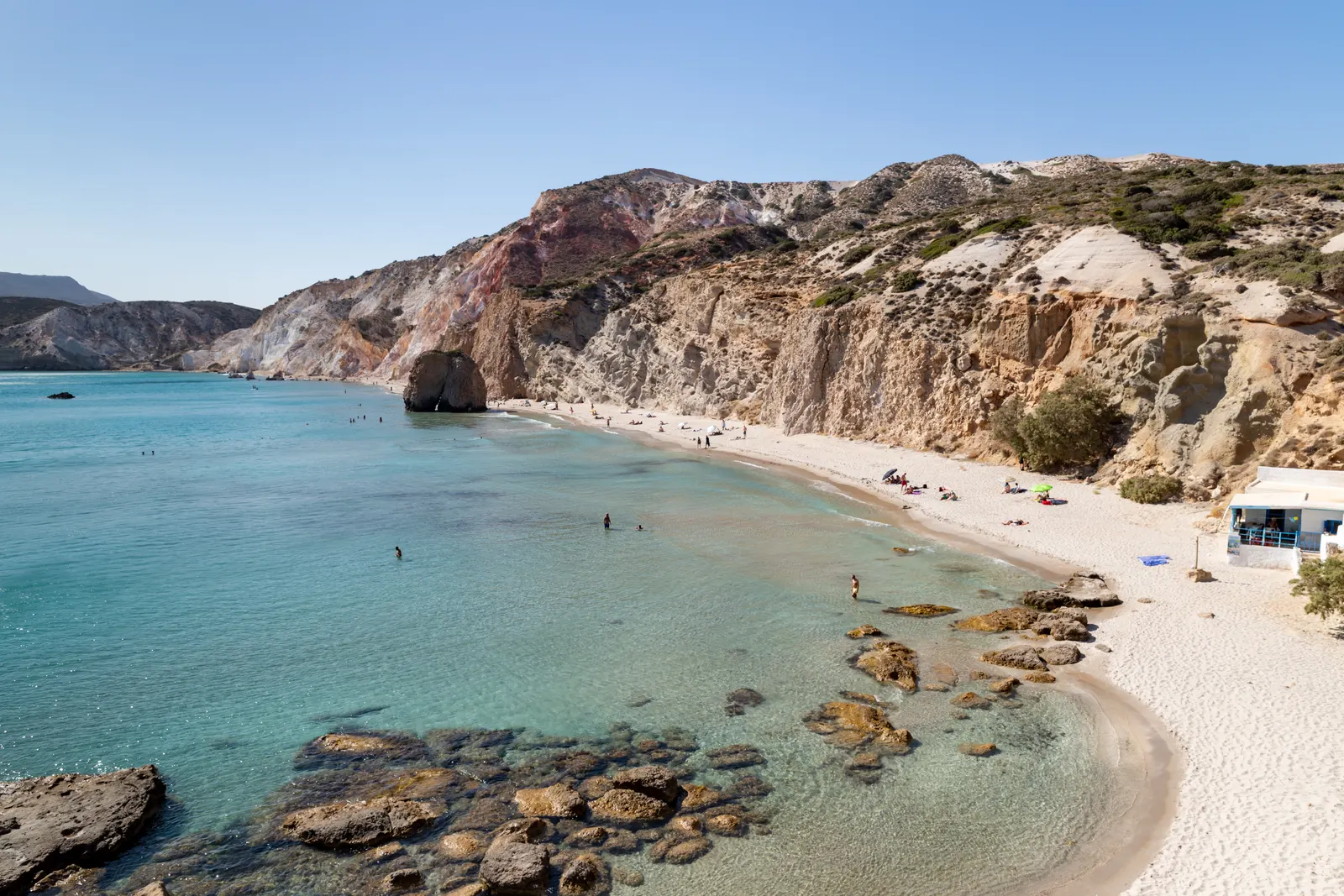 Fyriplaka strand op Milos met turquoise water, wit zandstrand en kleurrijke vulkanische kliffen
