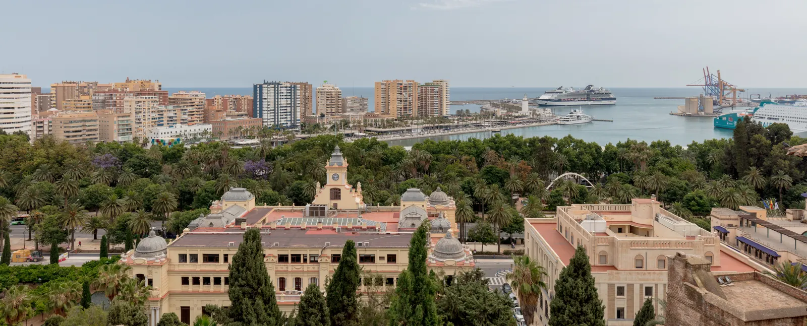 Uitzicht over Málaga met het stadhuis, palmen, hoogbouw en de haven met cruiseschip aan zee