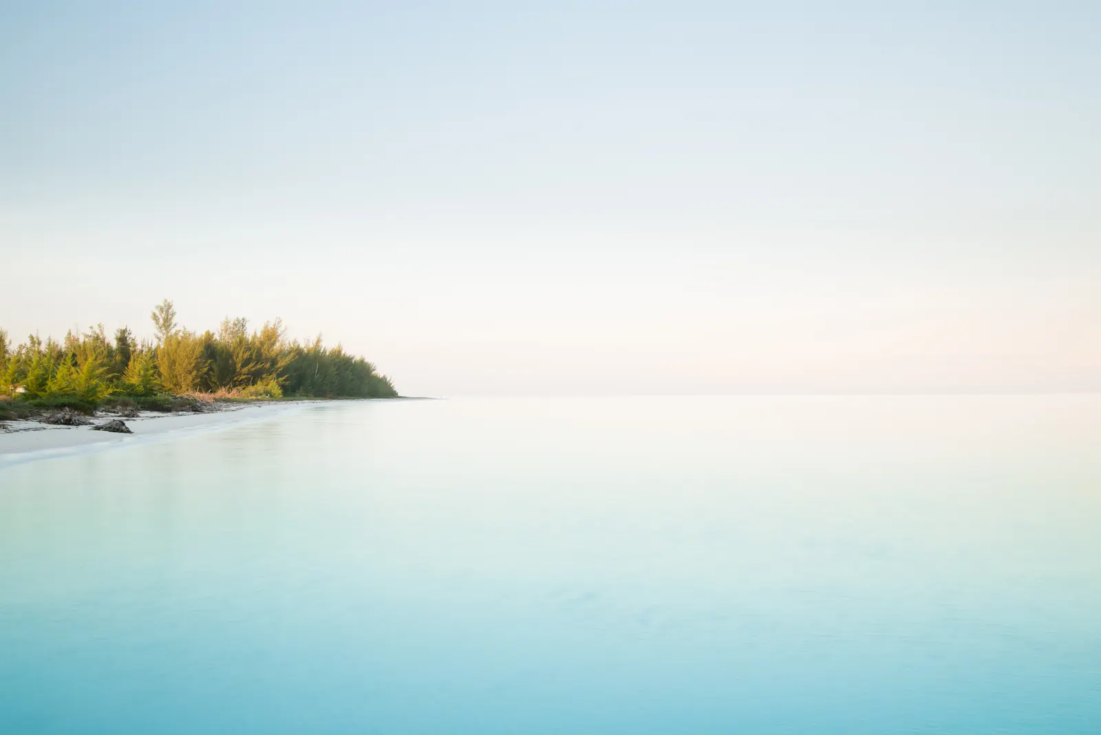Wit zandstrand met groene begroeiing aan kalm turquoise water onder een lichte lucht