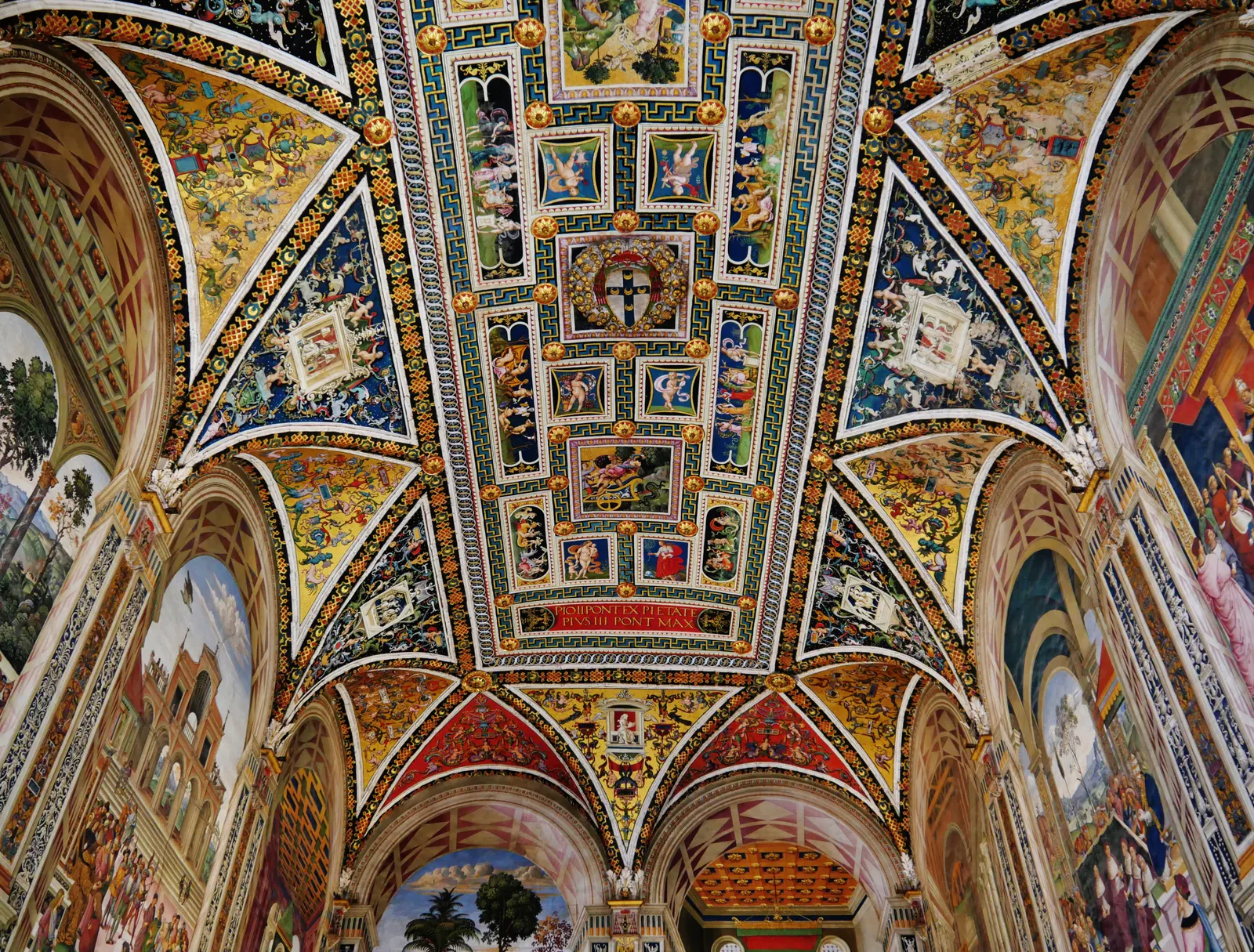 Rijk beschilderd gewelfd plafond van de Biblioteca Piccolomini in Siena met kleurrijke fresco's