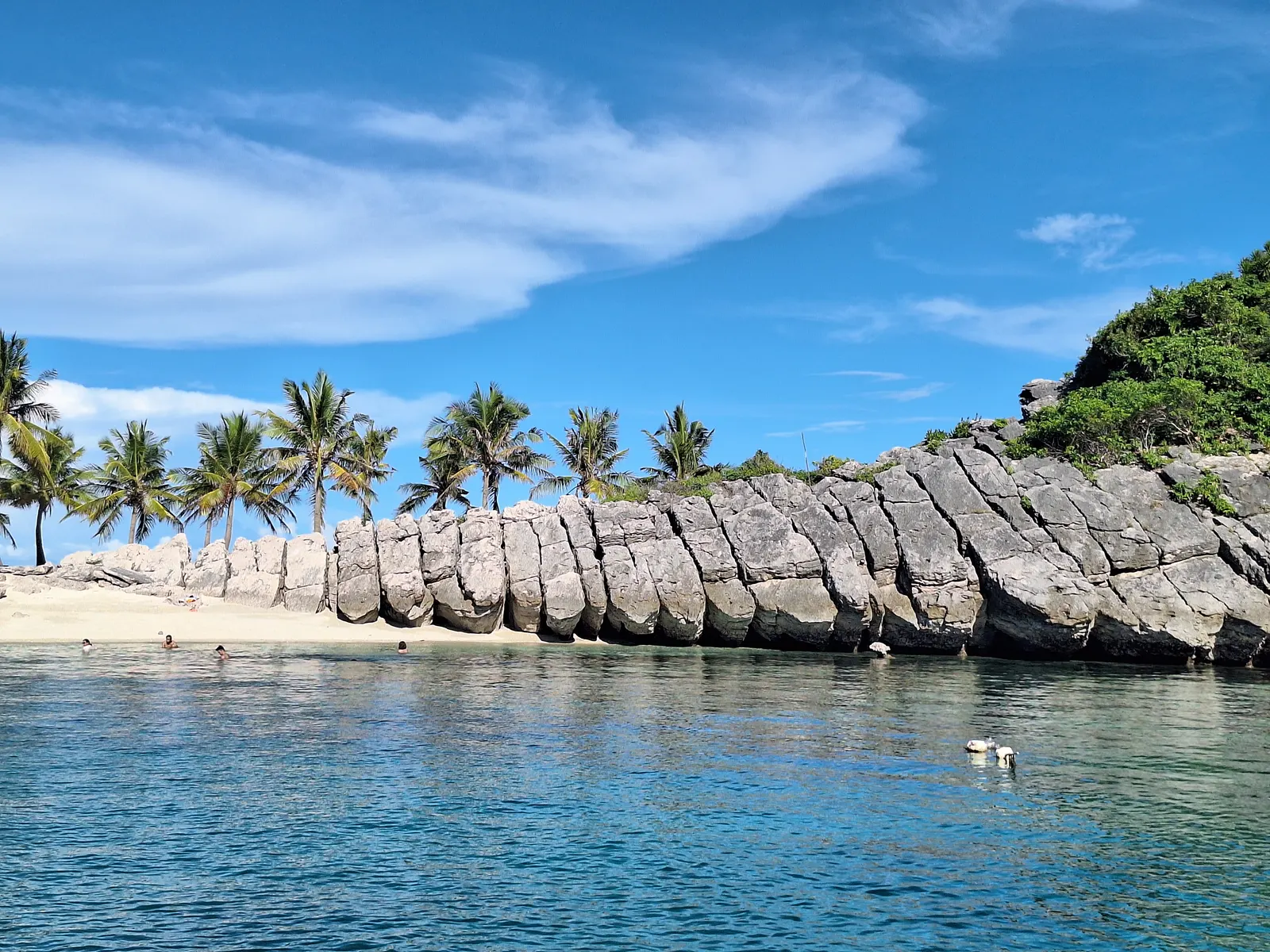 Wit zandstrand met palmbomen en grillige grijze rotsen aan helderblauw water op Islas de Gigantes