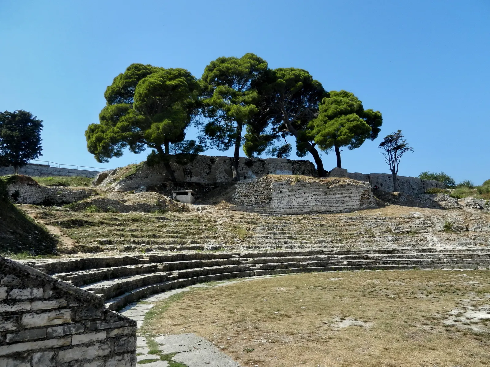 Stenen tribunes van het kleine Romeinse theater in Pula met pijnbomen op de heuvel onder een blauwe lucht
