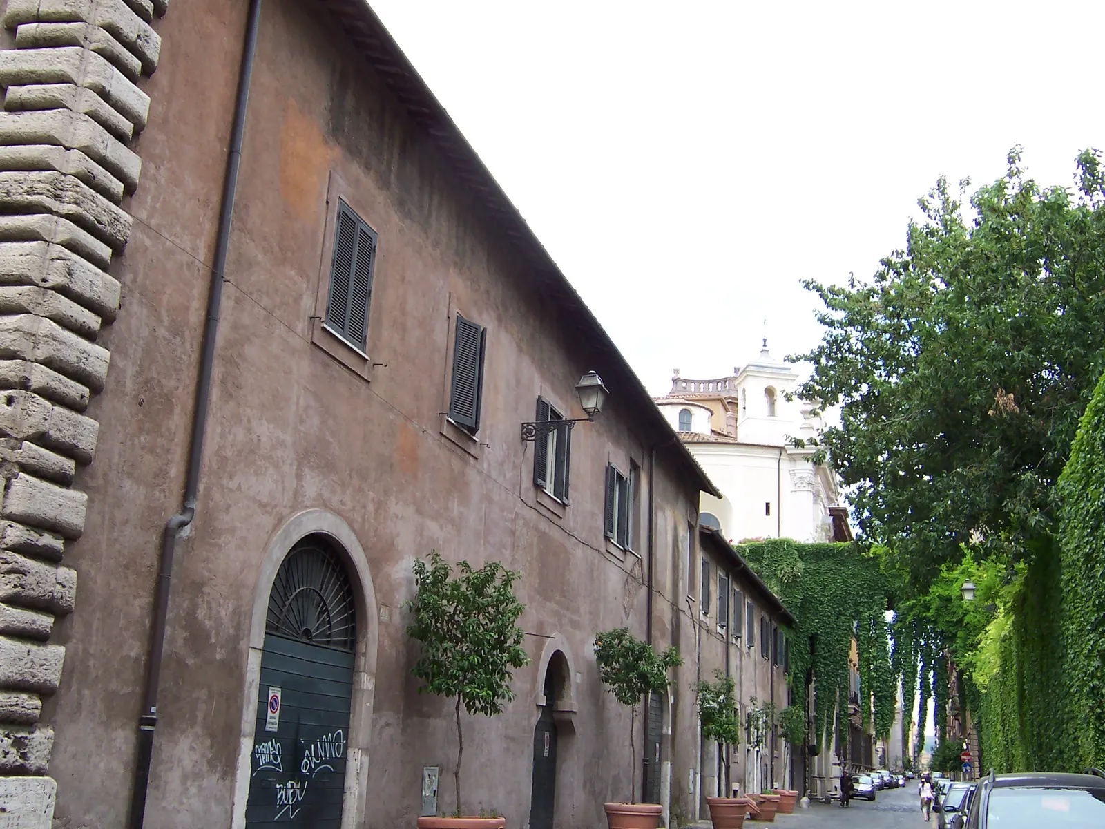 Historische straat Via Giulia in Rome met okerkleurige gevels, plantenbakken en met klimop begroeide muren
