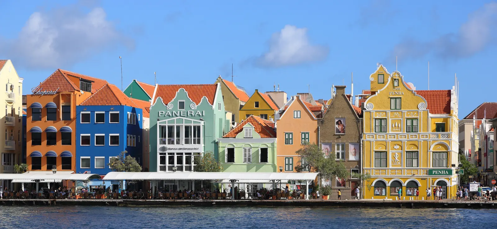 Kleurrijke koloniale panden aan de Handelskade in Willemstad onder een blauwe lucht